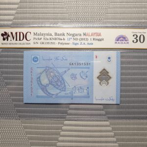 2012 Malaysia,Bank Negara Malaysia 1 Ringgit - Rader S/N -《MDC Graded 30》