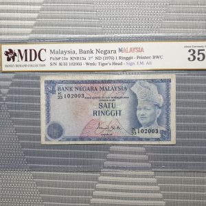 1976 Malaysia,Bank Negara Malaysia 1 Ringgit - Double Prefix#33《MDC Graded 35》