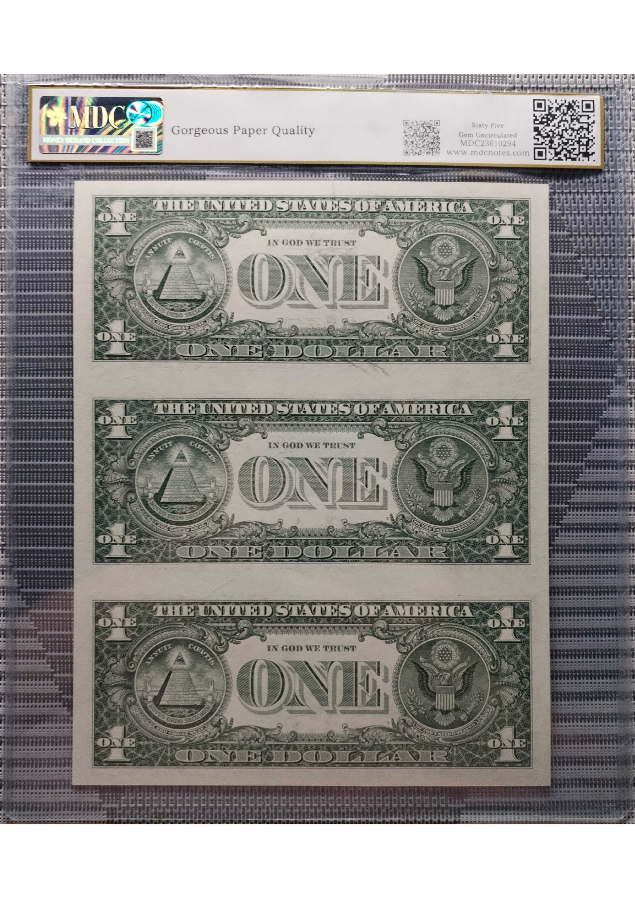 $1 2017 Federal Reserve Note Atlanta “ Uncut Sheet of 3 "《 MDC Graded 65 GPQ 》 - Image 2
