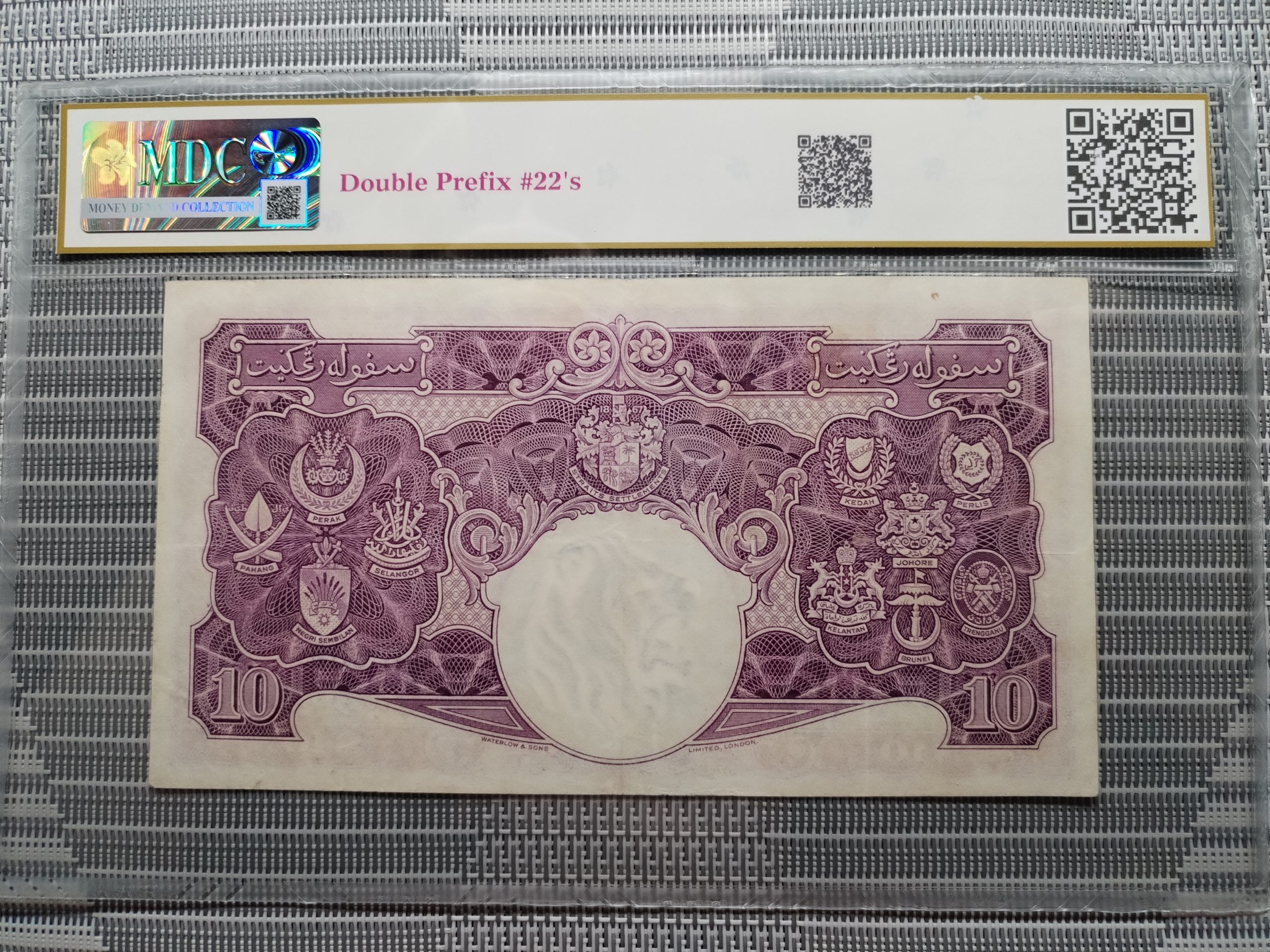 1940 Malaya / British Adminastration 10 Dollars " Double Prefix #22's "《 MDC Graded 35 》 - Image 2