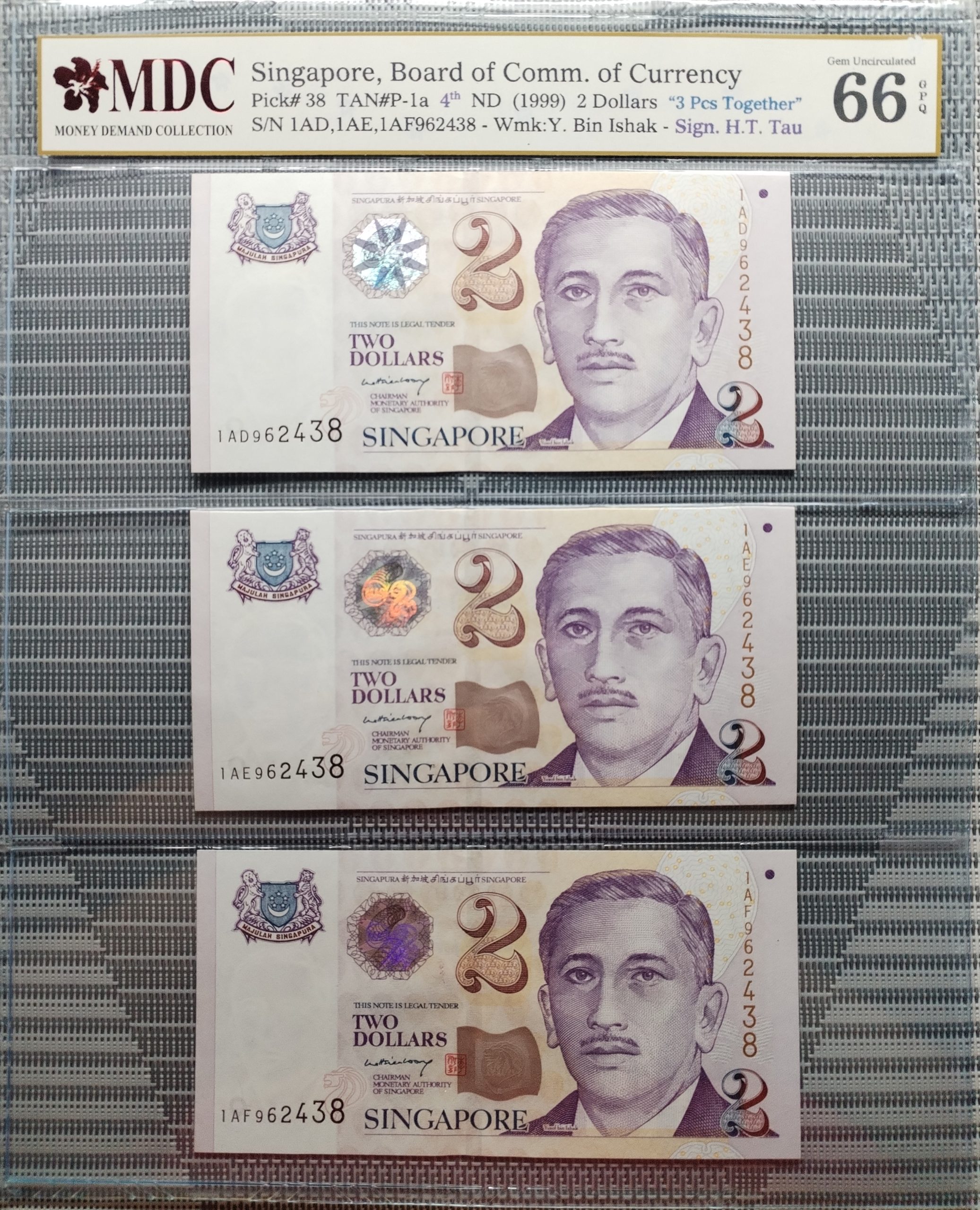1999 Singapore, Board of Comm. of Currency 2 Dollars “ 3 Pcs Together " 《 MDC Graded 66 GPQ 》