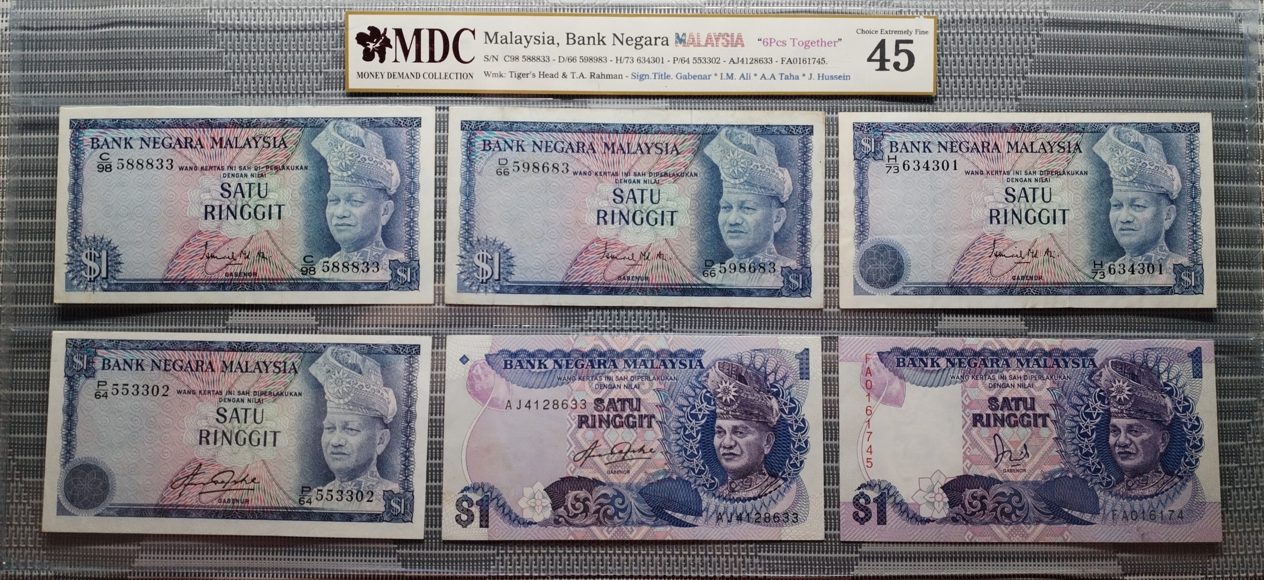 1th,2th,3th,4th,5th,6th Malaysia, Bank Negara Malaysia 1 Ringgit " 6Pcs Together "《 MDC Graded 45 》