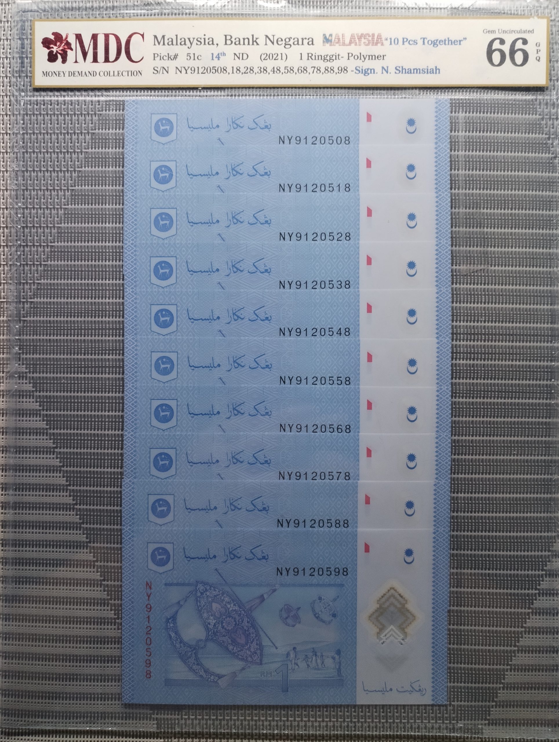 2021 Malaysia, Bank Negara Malaysia 1 Ringgit " 10pcs Together " 《 MDC Graded 66 GPQ 》