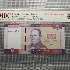 2016 Liberia, Central Bank 5 Dollars " First Prefix #AA' "《 MDC Graded 66 GPQ 》